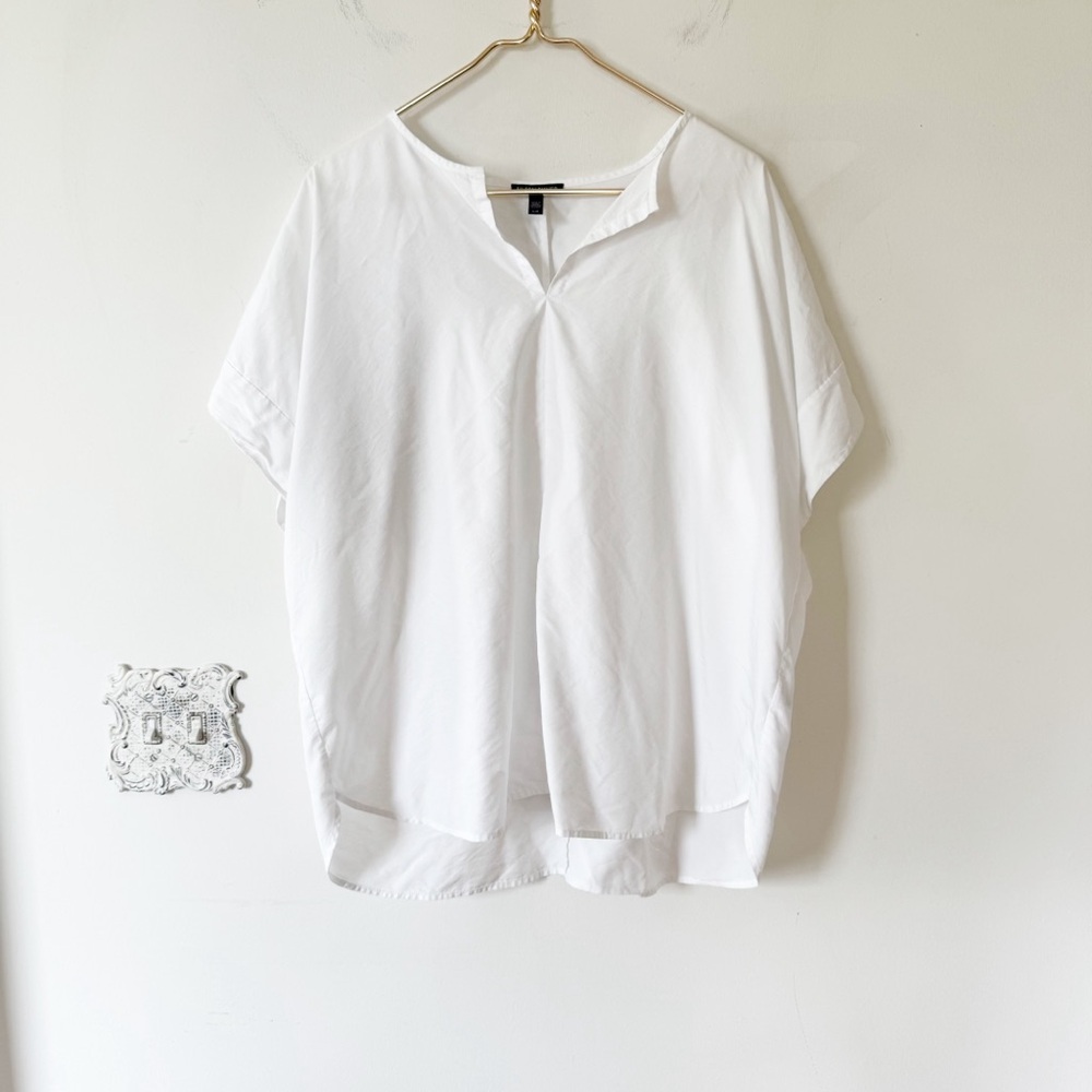 Eileen Fisher White Split V-Neck Popover Oversized Blouse L